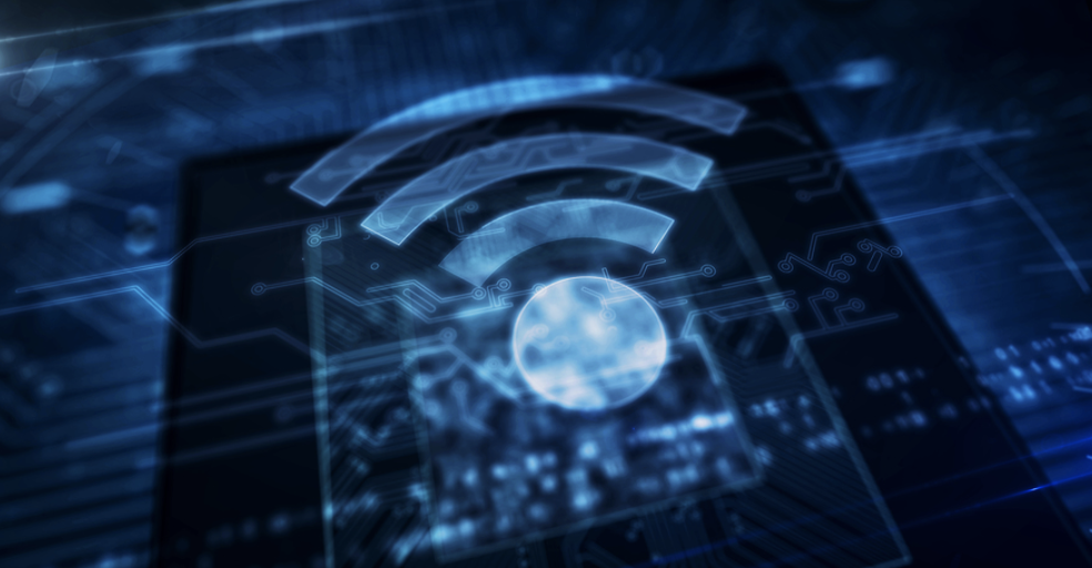 Image of blue Wi-Fi logo, over blue electronic interfaces